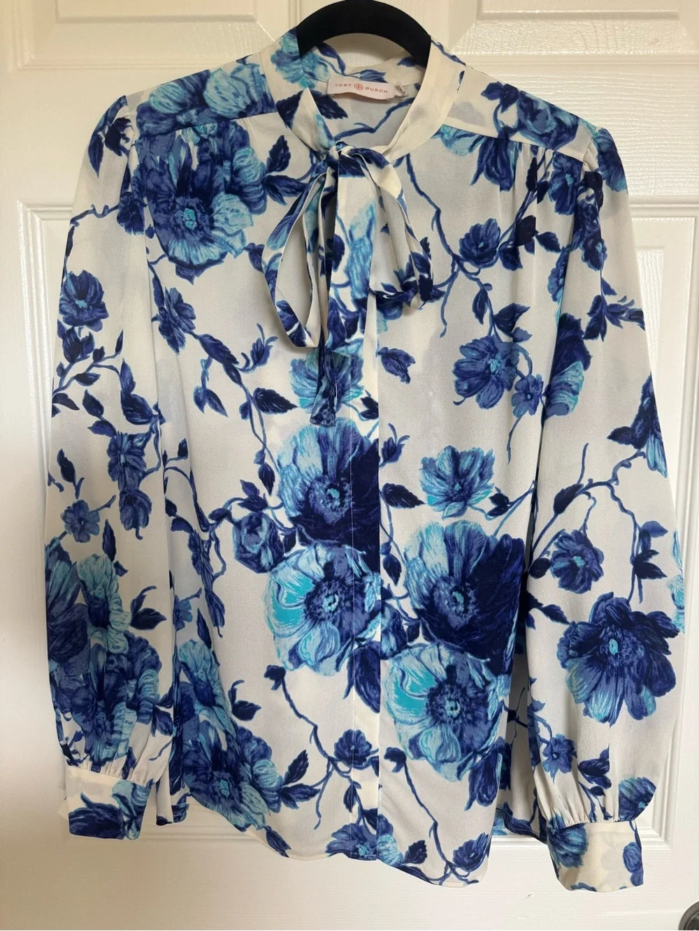 Tory Burch Blue and White Floral Bow-Neck 100% Silk Blouse